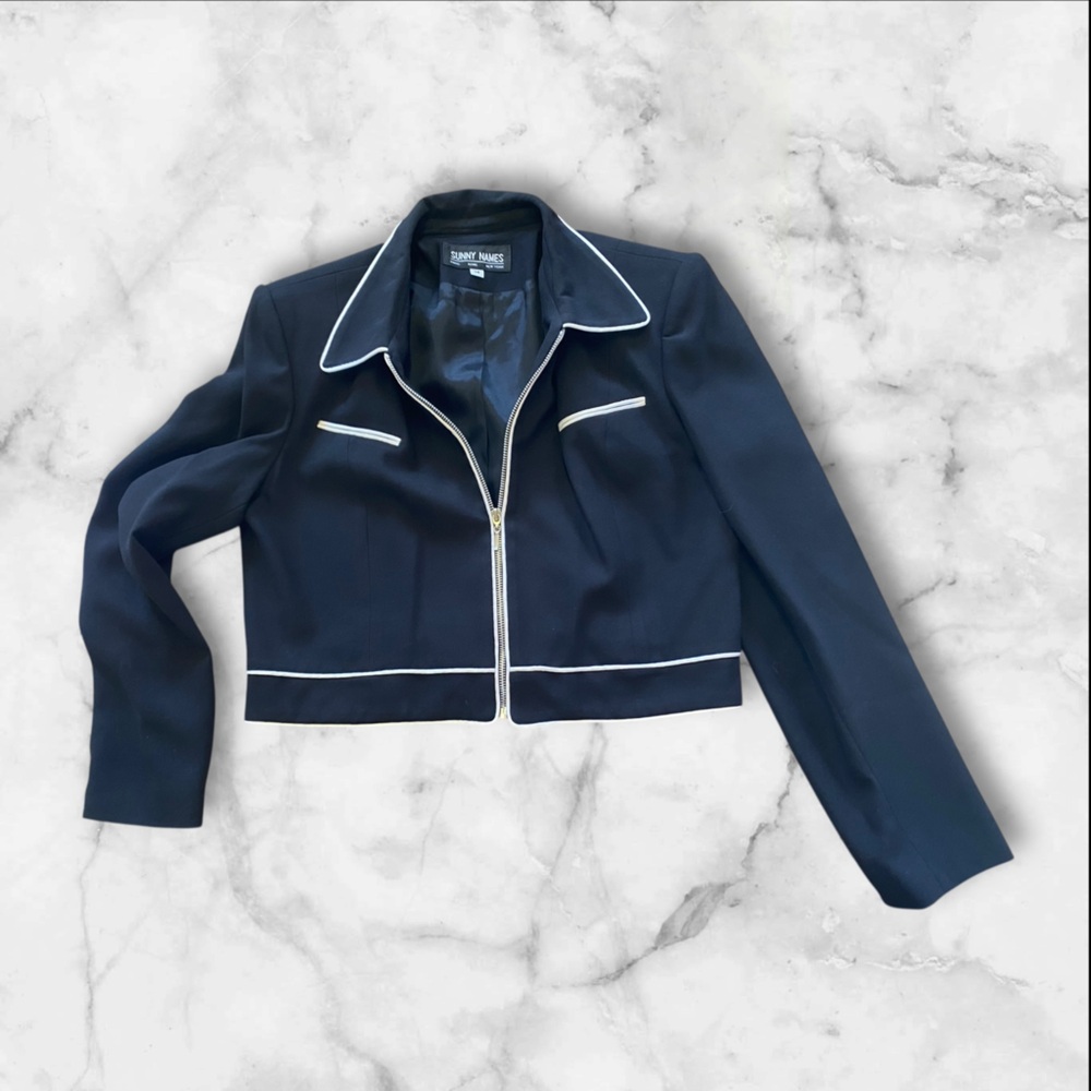 Sunny names black and white zipper jacket with shoulder pads & pants